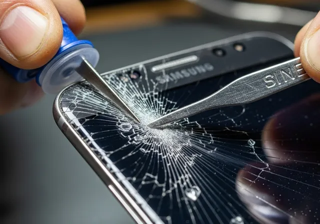 Detalle de cambio de pantalla Samsung A14 — vidrio fracturado