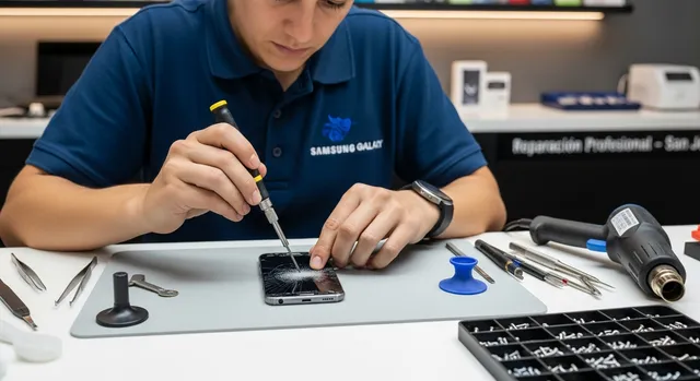 Técnico ReparaCell diagnosticando un celular en el taller de Paseo Colón