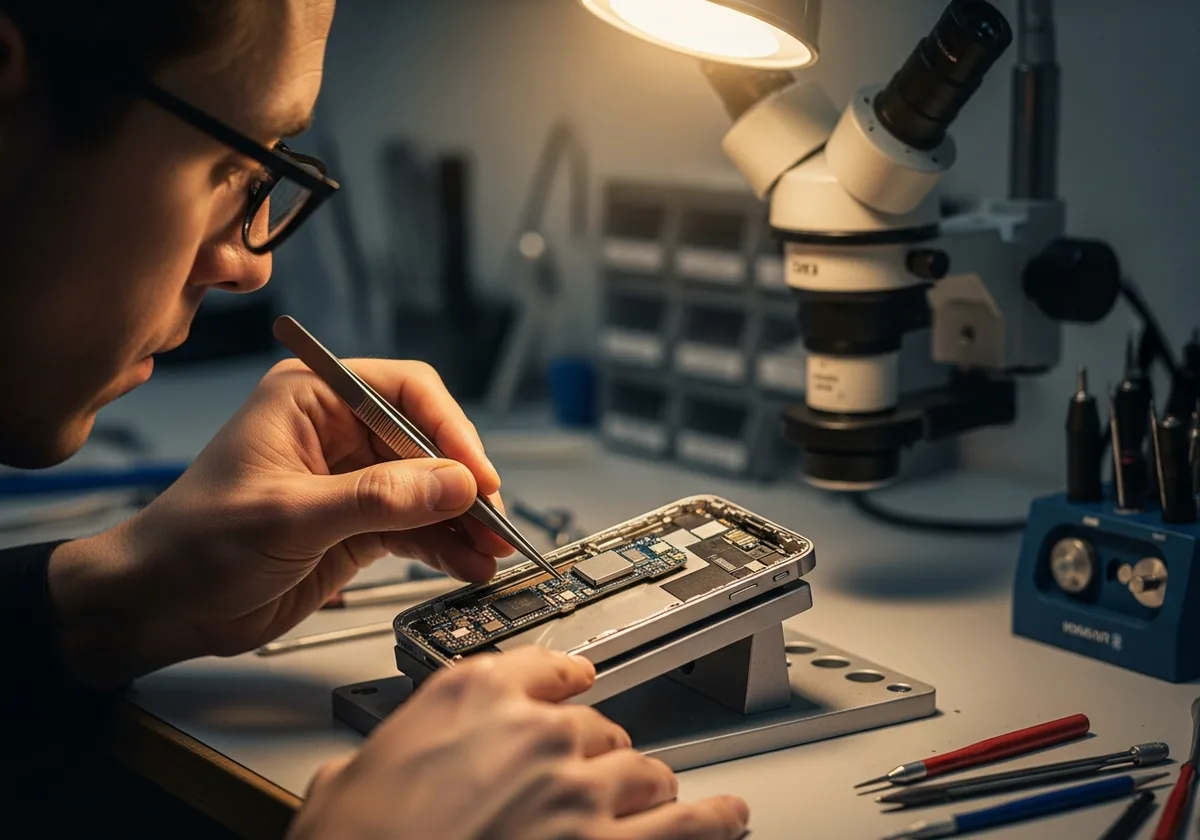 Técnico reparando iPhone bajo microscopio en taller ReparaCell San José